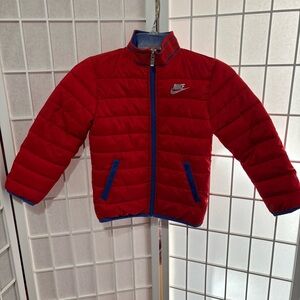 Nike Kids Red Puffer Jacket with Blue Collar